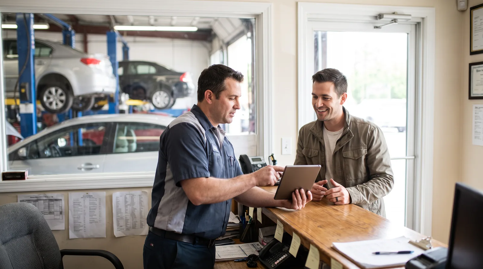Mechanic showing an estimate to a customer on a tablet